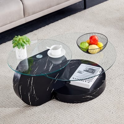 Table basse en verre transparent noire avec étagères 69,8 cm