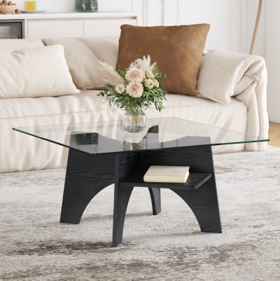 Table basse en verre noire avec étagère 80x80x40 cm