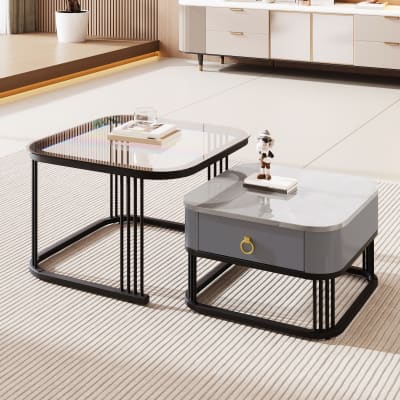 Tables basses gigognes en verre noir et gris avec rangement 60x60x42cm
