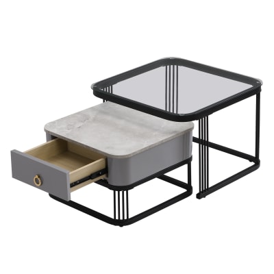 Tables basses gigognes noires et grises avec 2 tiroirs 60x60x44,5 cm
