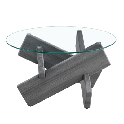 Table basse en verre transparent avec piètement croisé gris