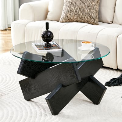 Table basse ronde noire en verre trempé avec base croisée 79x79x45 cm
