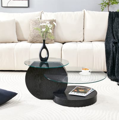 Table basse en verre trempé noire avec 2 niveaux 50/70 cm