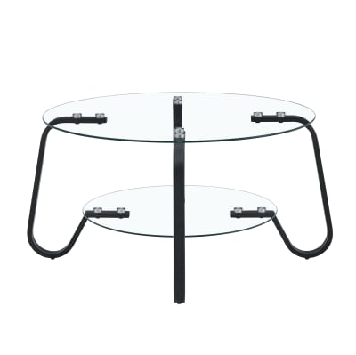 Table basse ronde en métal noir avec 2 plateaux en verre