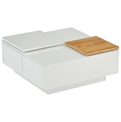 Table basse blanche avec 4 tiroirs et dessus coulissant 75x75x33,5 cm