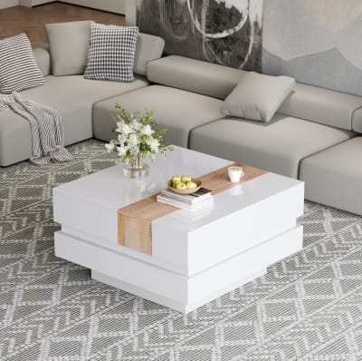 Table basse blanche avec plateau extensible et rangement 70x70x39 cm