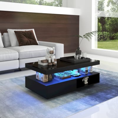 Table basse noire avec led, 2 tiroirs et verre 95x50x42,5 cm