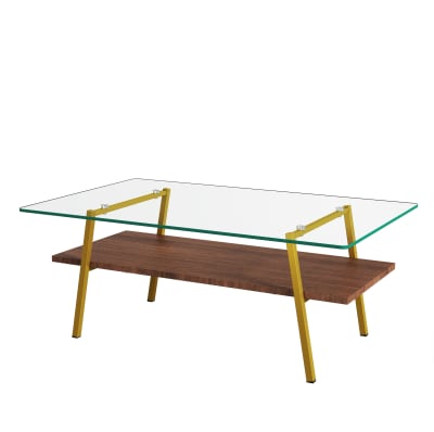 Table basse en verre marron avec pieds dorés et rangement 98x58x42,5cm