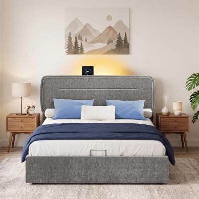 Lit coffre double relevable avec rangement éclairage ports gris