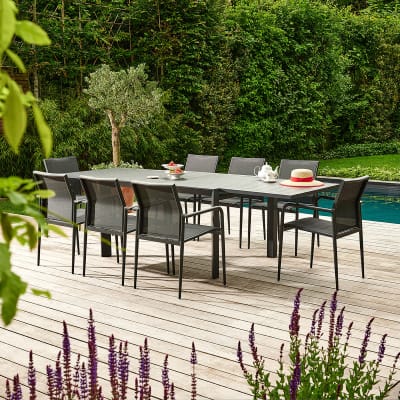 Salon de jardin aluminium et textilène gris 6/10 pers.
