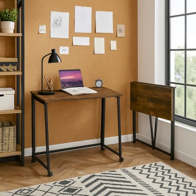 Bureau pliant sur roulettes, bureau d'étude, table de bureau marron