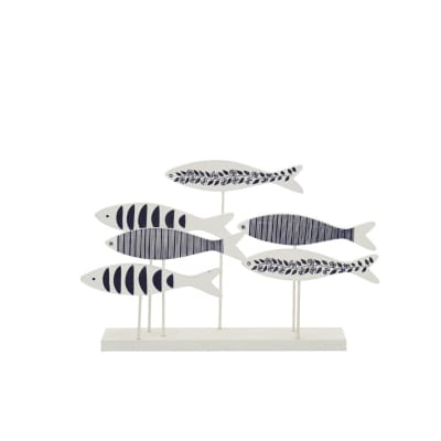 Banc de poissons sur socle en bois bleu 50x10x30 cm