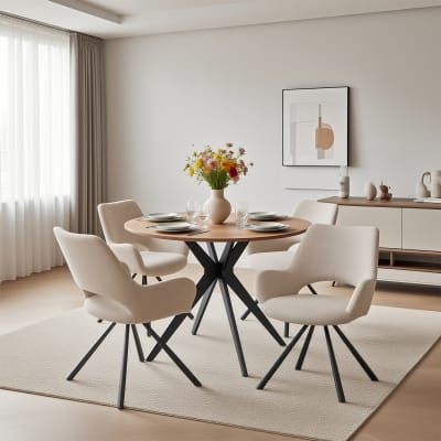 Ensemble de salle à manger 4 chaises en tissu + table ronde chêne