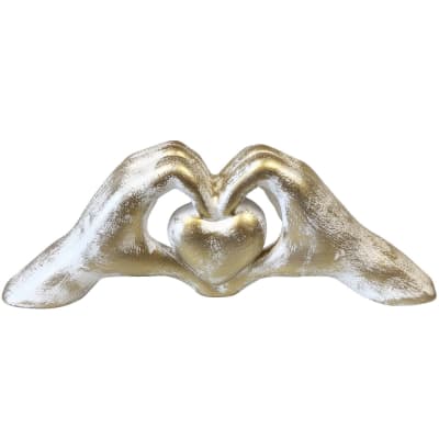 Statue en céramique mains en coeur blanc patiné or 28 cm