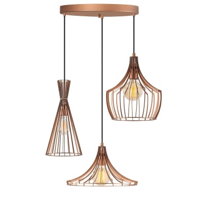 Suspension filaire 3 lampes saccade d55cm métal noir et or rose