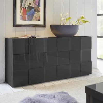 Buffet  3 portes finition laqué gris carbone relief damiers