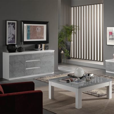 Buffet  2 portes 3 tiroirs laqué blanc et gris marbré