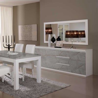 Buffet  3 portes 3 tiroirs laqué blanc et gris marbré