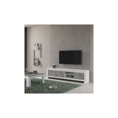 Meuble  tv 3 portes l207cm laqué blanc brillant et gris marbré