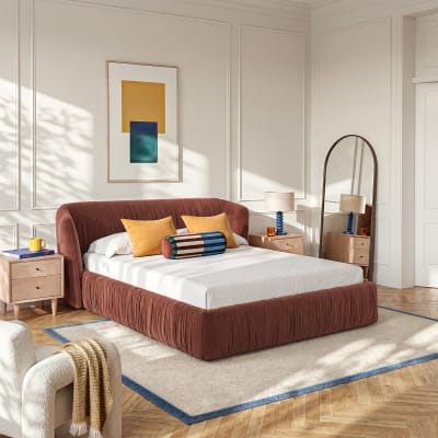 Lit 160 x 200 cm en tissu plissé - marron cuivré