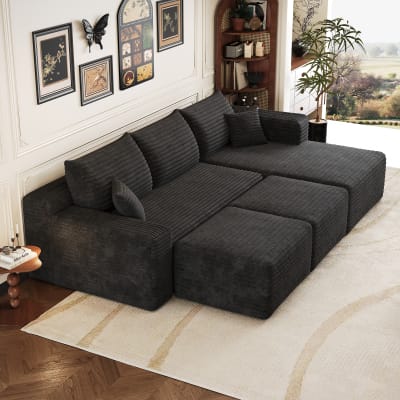 Canapé d'angle compressé en tissu noir avec méridienne 241 cm