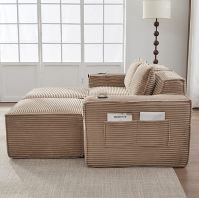 Canapé 2 places en velours côtelé kaki avec 2 poufs 188x162x75 cm