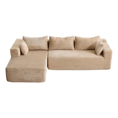 Canapé d'angle modulaire en velours côtelé beige avec méridienne