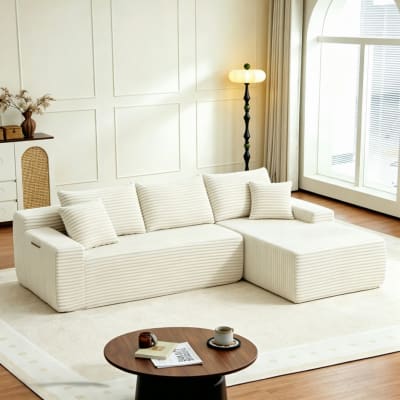 Canapé compressé en velours beige avec méridienne droite 239 cm