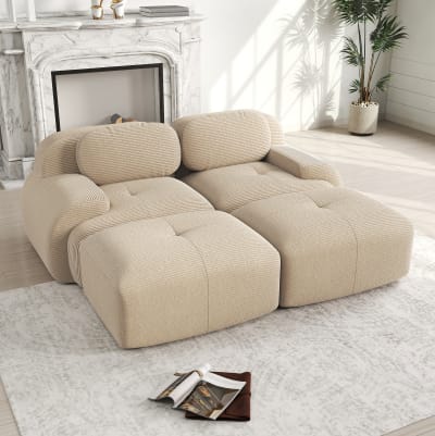 Canapé modulable en velours côtelé beige avec accoudoirs courbés