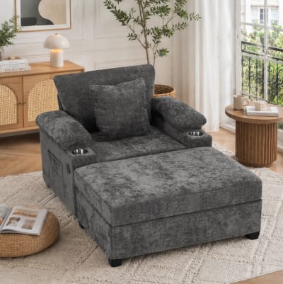 Fauteuil inclinable en chenille gris foncé avec porte-gobelets et usb