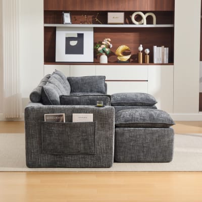 Canapé 4 places en chenille gris foncé avec 2 poufs 322x161x75 cm