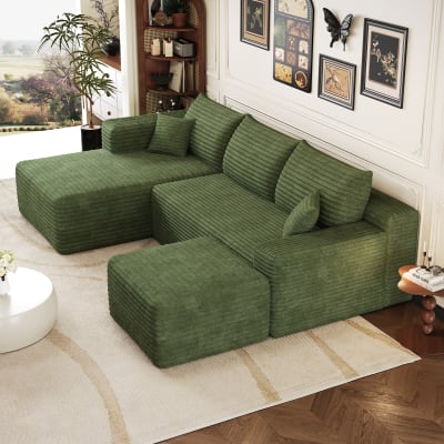 Canapé d'angle compressé vert en velours côtelé avec méridienne