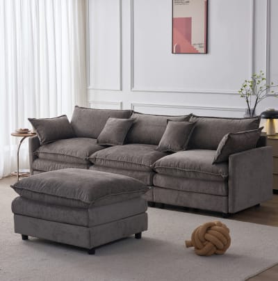 Canapé d'angle 3 places en chenille grise avec tabouret