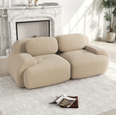 Canapé modulaire en velours côtelé beige avec accoudoirs courbés