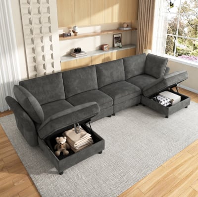 Canapé modulable en chenille grise avec 2 poufs 289x137x84 cm