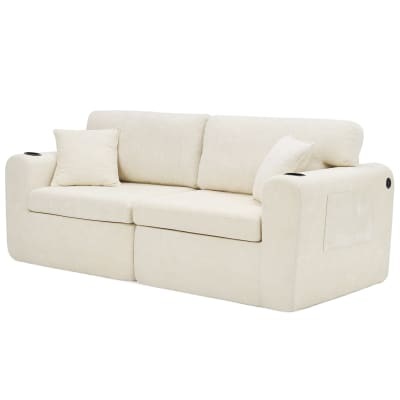 Canapé 2 places en chenille beige avec usb et porte-gobelet