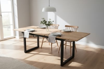 Table de extensible, plateau effet chêne, pieds métalliques noirs