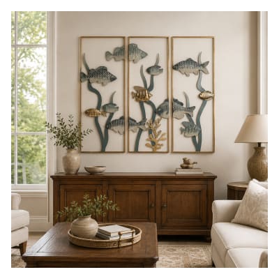 Ensemble de 3 décorations murales poisson en acier doré 90x4x80,5 cm