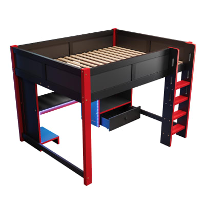 Lit mezzanine gaming 140x200 cm avec LED et bureau noir rouge