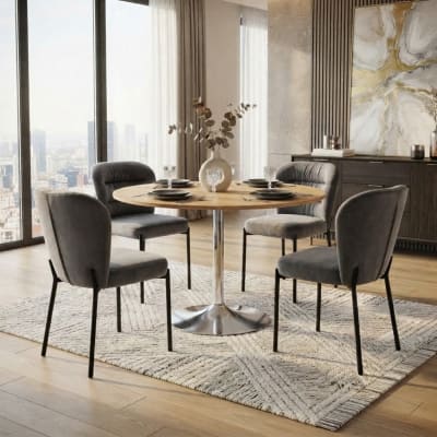Table à manger ronde 110 cm à fond chromé à l’aspect chêne