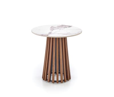 Guéridon rond aspect noyer et marbre beige 50 x 50cm