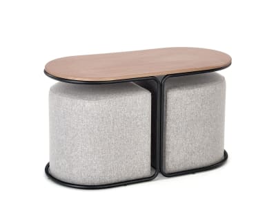Ensemble table basse et deux poufs en tissu de polyester gris