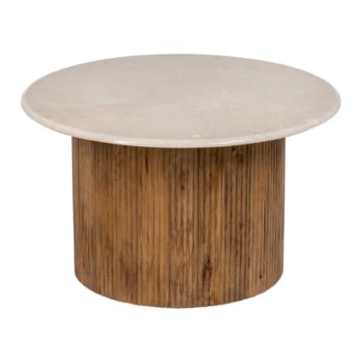 Table basse ronde marbre crème et bois rainuré naturel 76cm