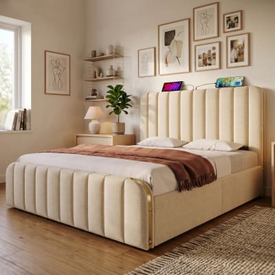 Lit coffre double en lin beige avec tête de lit ports usb 140x190 cm