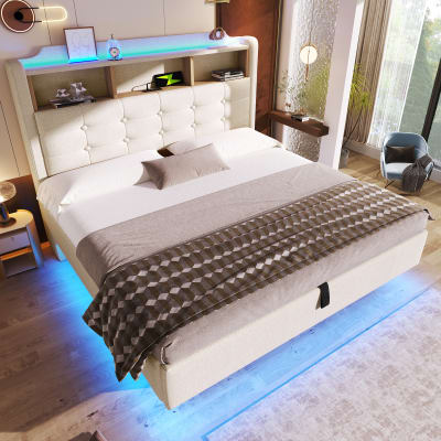 Lit coffre double capitonné en lin beige et led avec usb 140*200cm