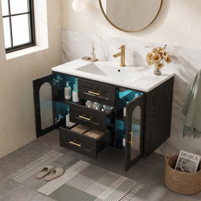 Meuble sous-vasque mural noir, portes verre cannelé et éclairage led