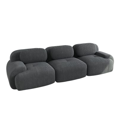 Canapé 3 places modulable en velours côtelé gris et accoudoirs courbés