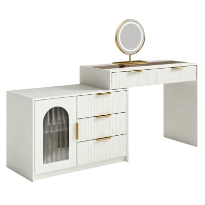 Coiffeuse blanche moderne extensible avec plateau en verre, miroir led