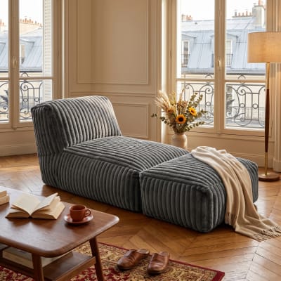 Méridienne capitonnée en flanelle gris foncé chaise longue convertible