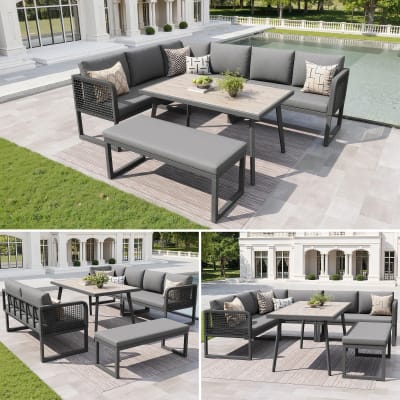 Salon de jardin modulable 6-8 personnes en rotin PE gris et table banc